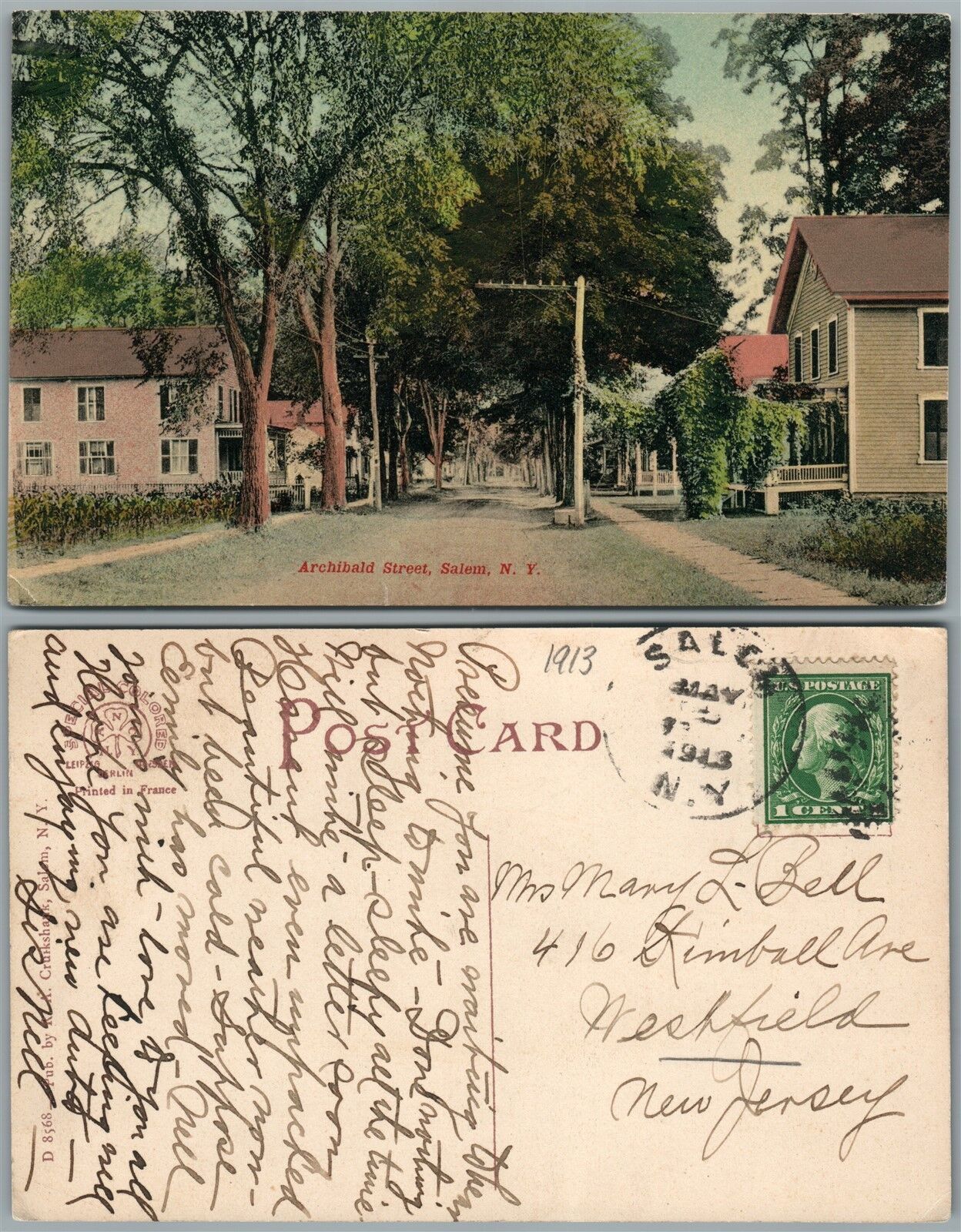 SALEM N.Y. ARCHIBALD STREET 1913 ANTIQUE POSTCARD