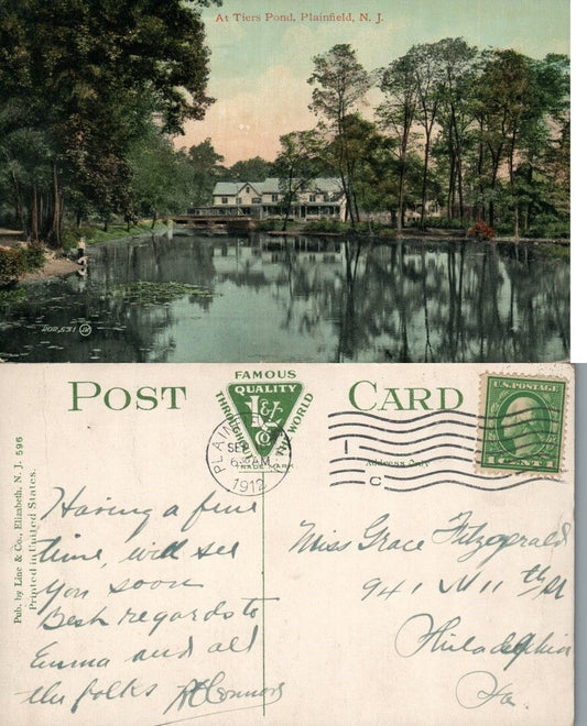 PLAINFIELD N.J. TIERS POND 1912 ANTIQUE POSTCARD