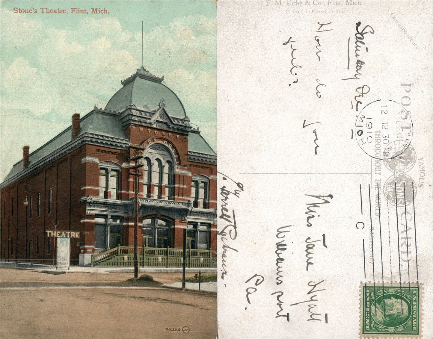 FLINT MI STONE'S THEATRE 1910 ANTIQUE POSTCARD