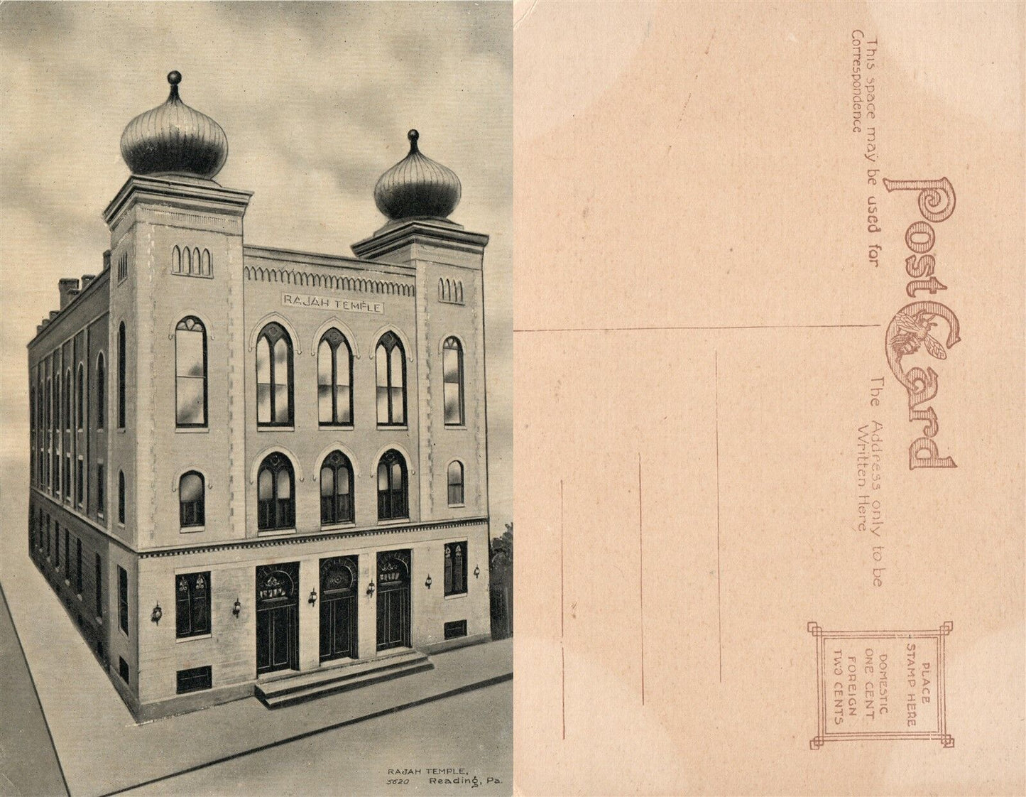 READING PA RAJAH TEMPLE ANTIQUE POSTCARD