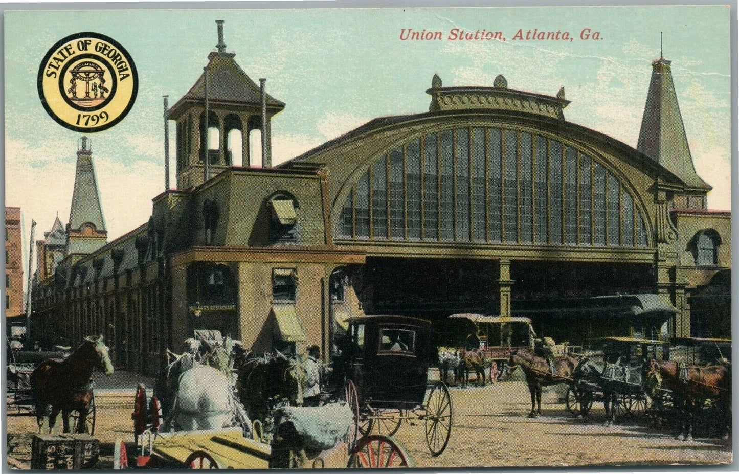 ATLANTA GA RAILROAD STATION RAILWAY DEPOT ANTIQUE POSTCARD w/PATRIOTIC SONG TEXT