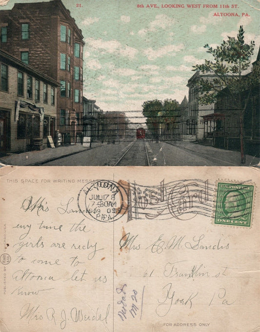 ALTOONA PA 8th AVENUE WEST FROM 11th STREET 1909 ANTIQUE POSTCARD