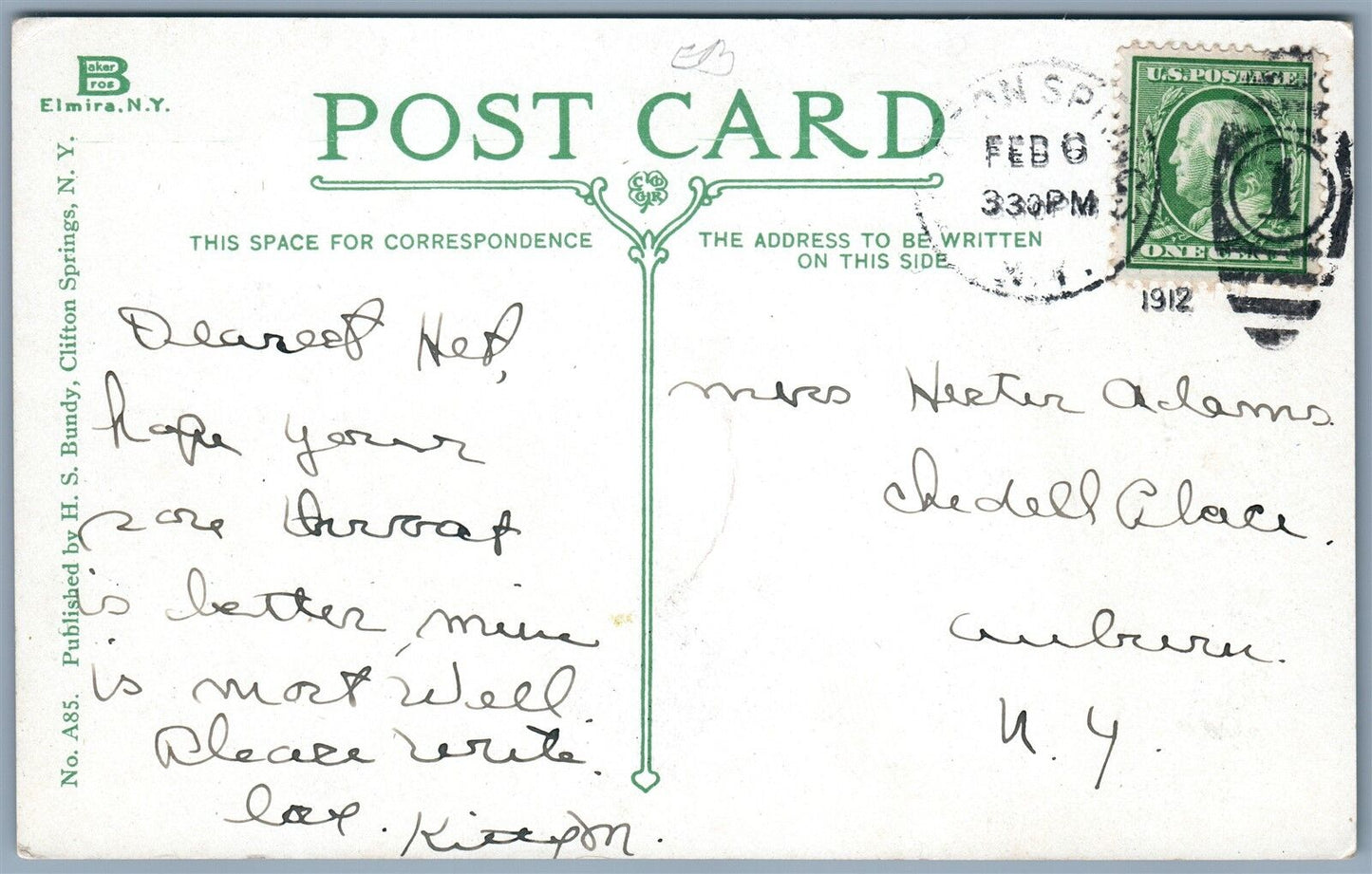 CLIFTON SPRINGS NY LOWER MAIN STREET 1912 ANTIQUE POSTCARD w/ CORK CANCEL