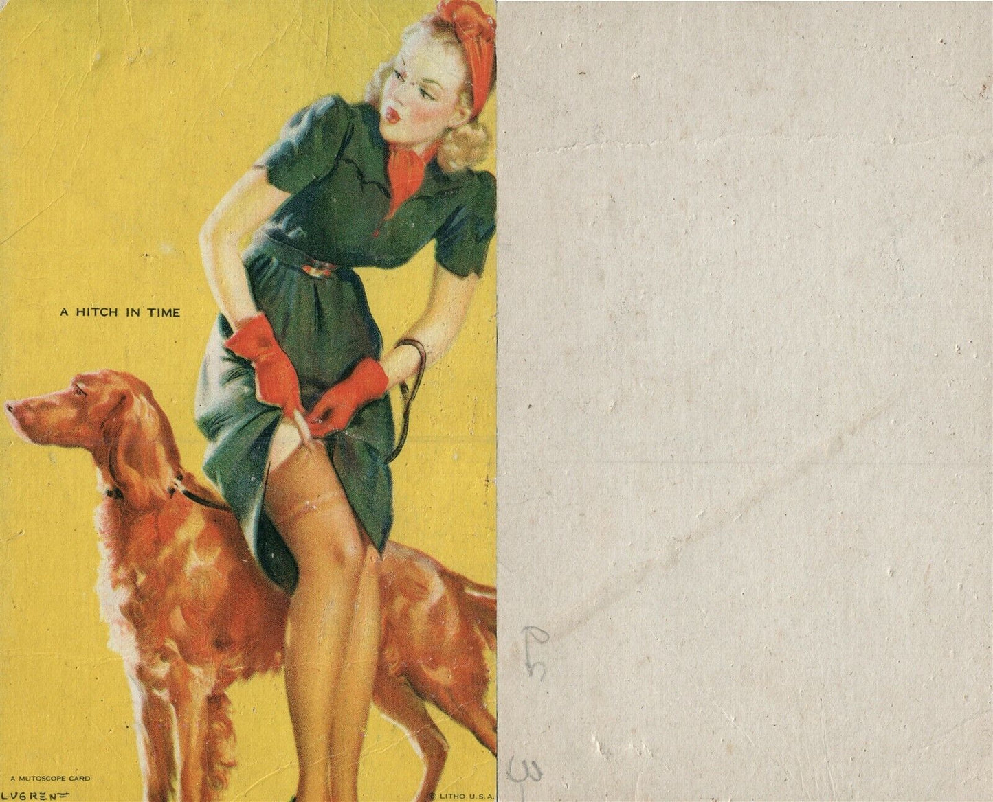 PIN UP GIRL w/ DOG MUTOSCOPE VINTAGE POSTCARD