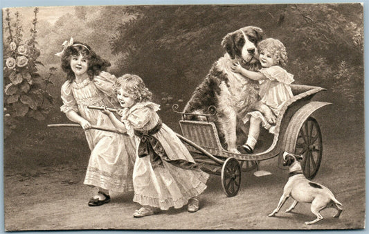 GIRL'S CART w/ DOGS ANTIQUE POSTCARD