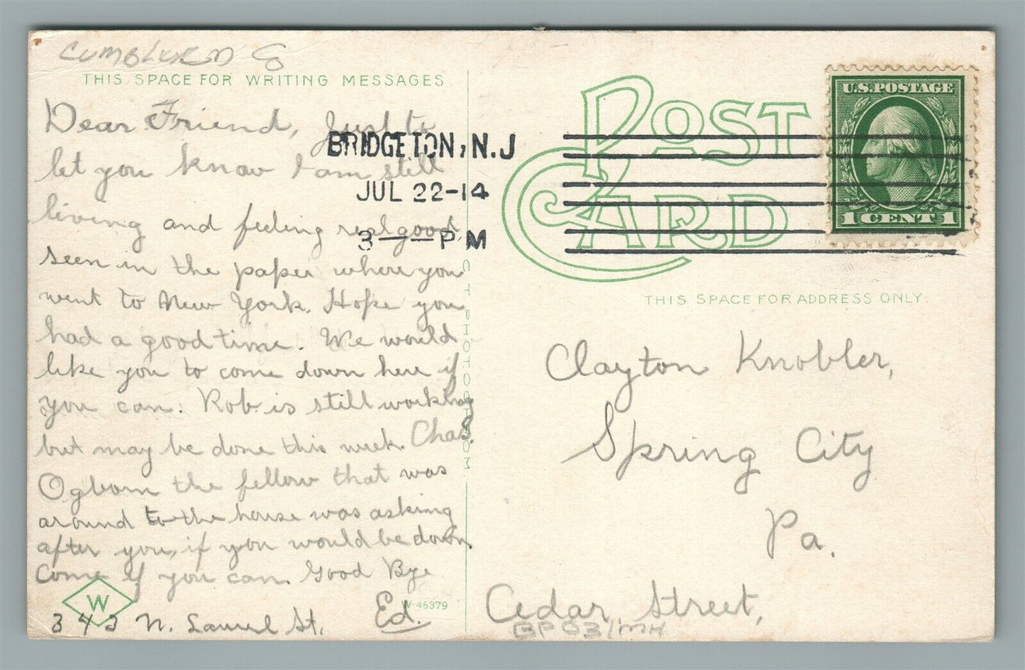 BRIDGETON NJ COMMERCE STREET TROLLEY ANTIQUE POSTCARD