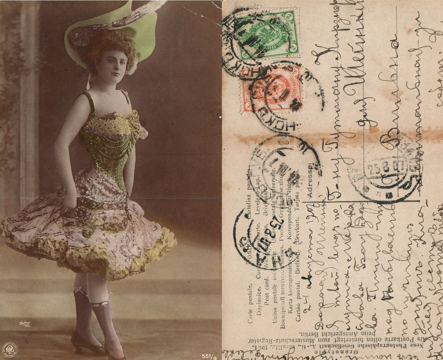 SEXY DANCER GIRL ANTIQUE HAND COLORED REAL PHOTO POSTCARD RPPC w/ STAMPS