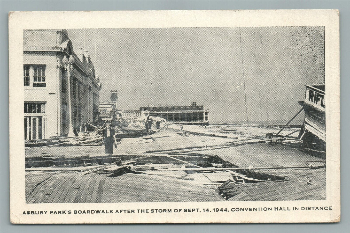 ASBURY PARK NJ BOARDWALK AFTER STORM 1944 CONVENTION HALL VINTAGE POSTCARD