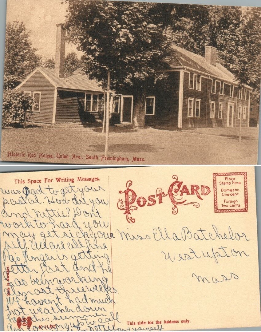 HISTORIC RED HOUSE UNION AVENUE SOUTH FRAMINGHAM MA ANTIQUE POSTCARD