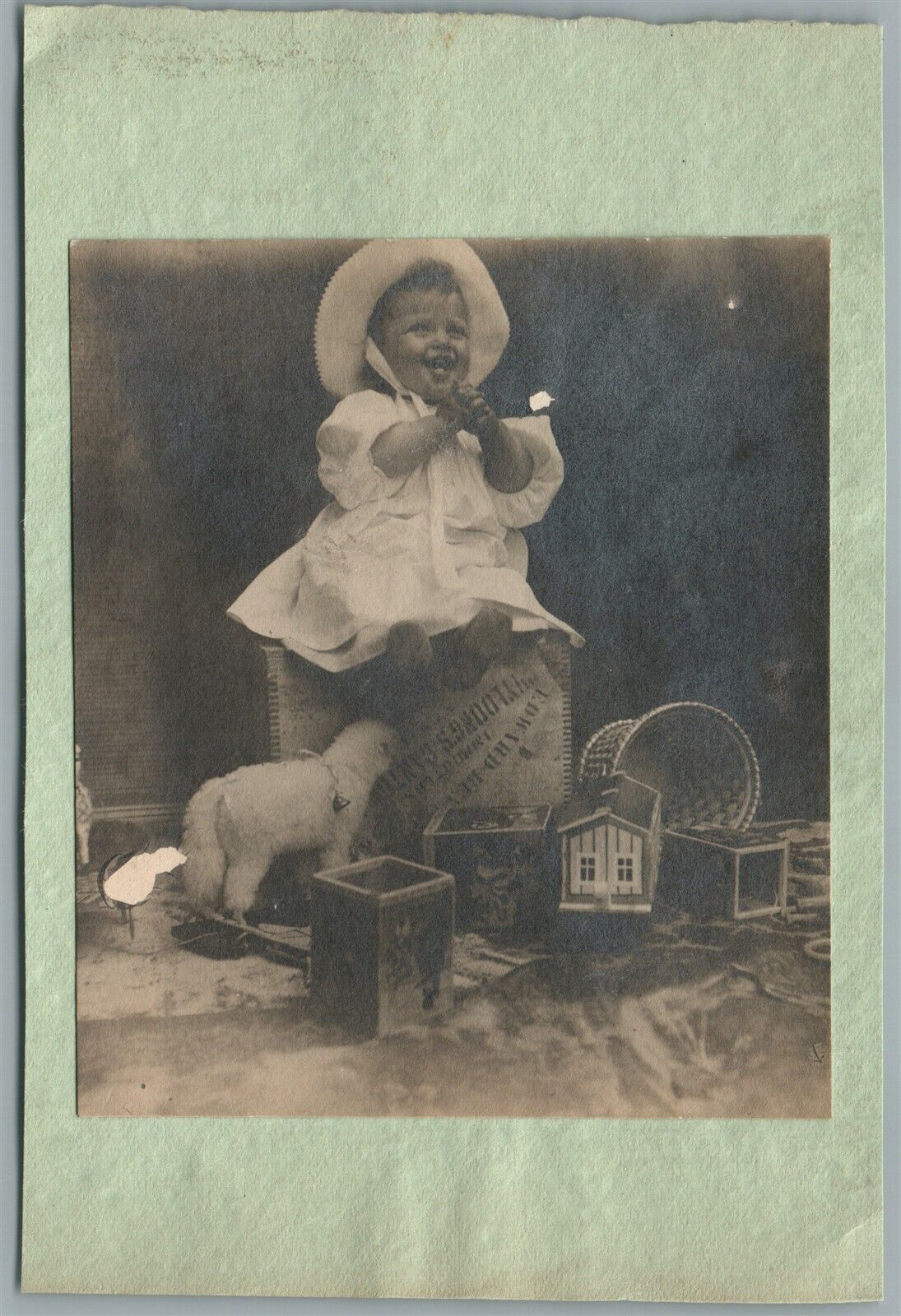 SMILING GIRL w/ TOYS ANTIQUE PHOTO