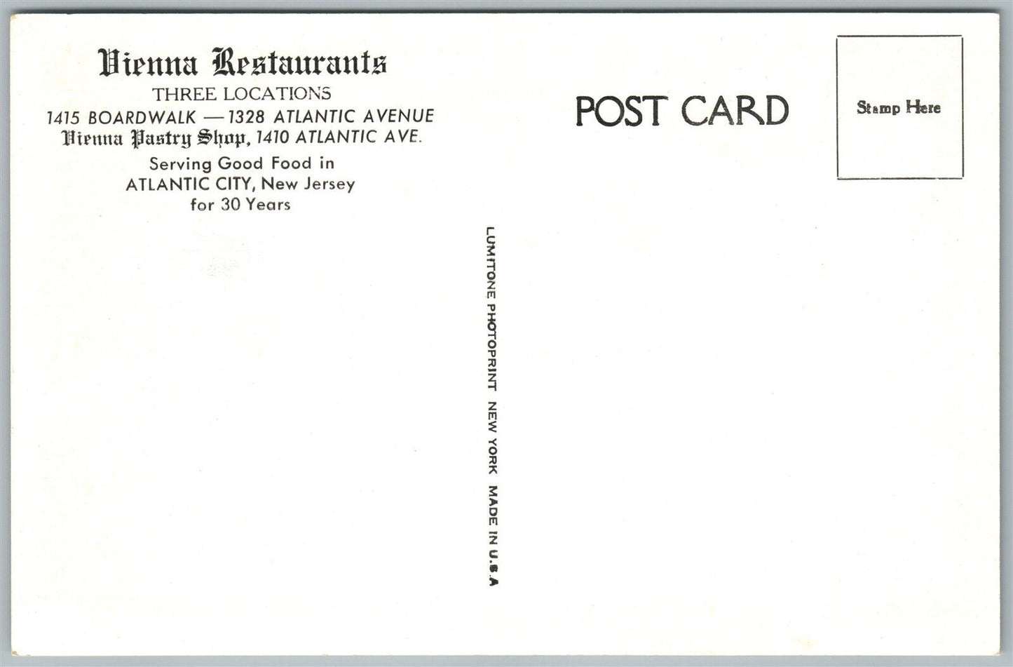ATLANTIC CITY N.J. VIENNA RESTAURANT VINTAGE POSTCARD