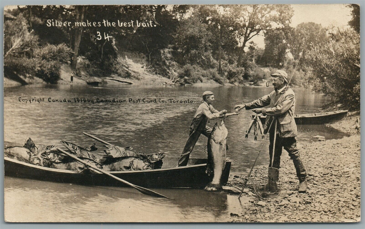 EXAGGERATED FISHING CANADIAN ANTIQUE REAL PHOTO POSTCARD RPPC