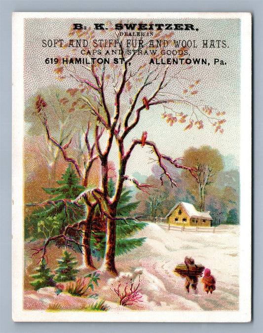 VICTORIAN TRADE CARD B.K.SWEITZER FUR & WOOL HATS ALLENTOWN PA antique