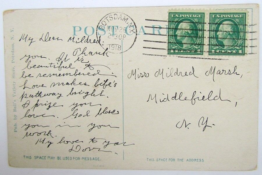 ANTIQUE 1918 POSTCARD - M.E. CHURCH POTSDAM N.Y. old automobile