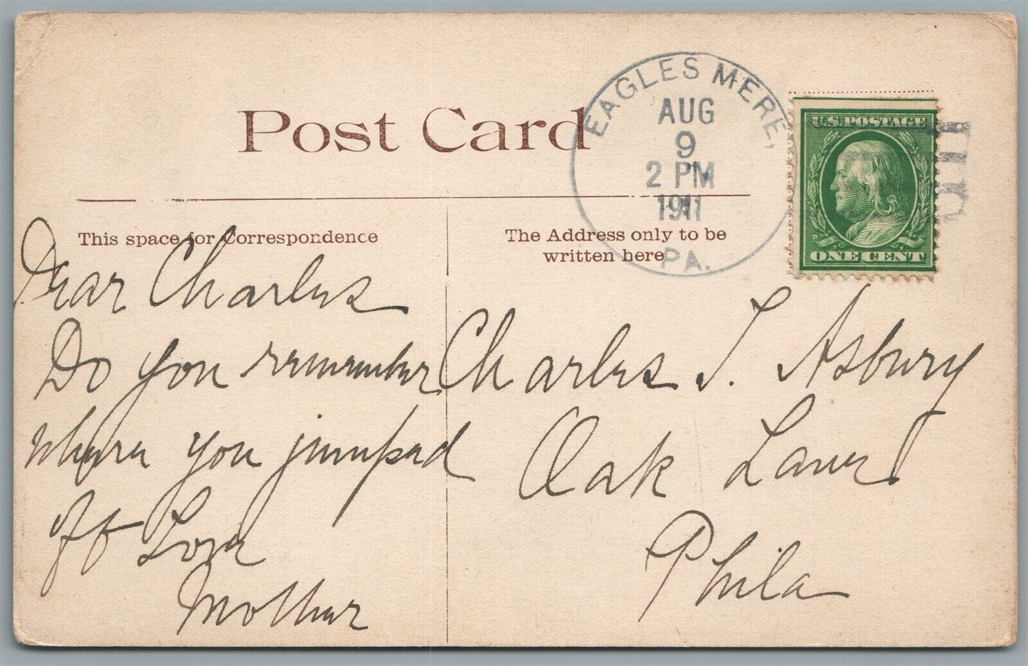 EAGLES MERE PA ANTIQUE POSTCARD