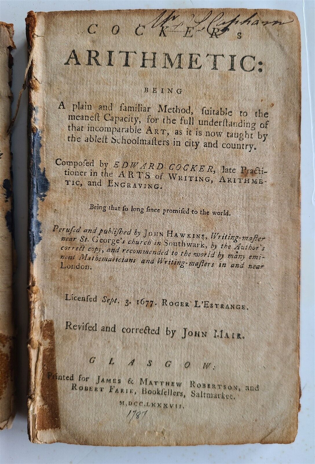 1787 ARITHMETIC COCKER'S in ENGLISH antique 18th CENTURY