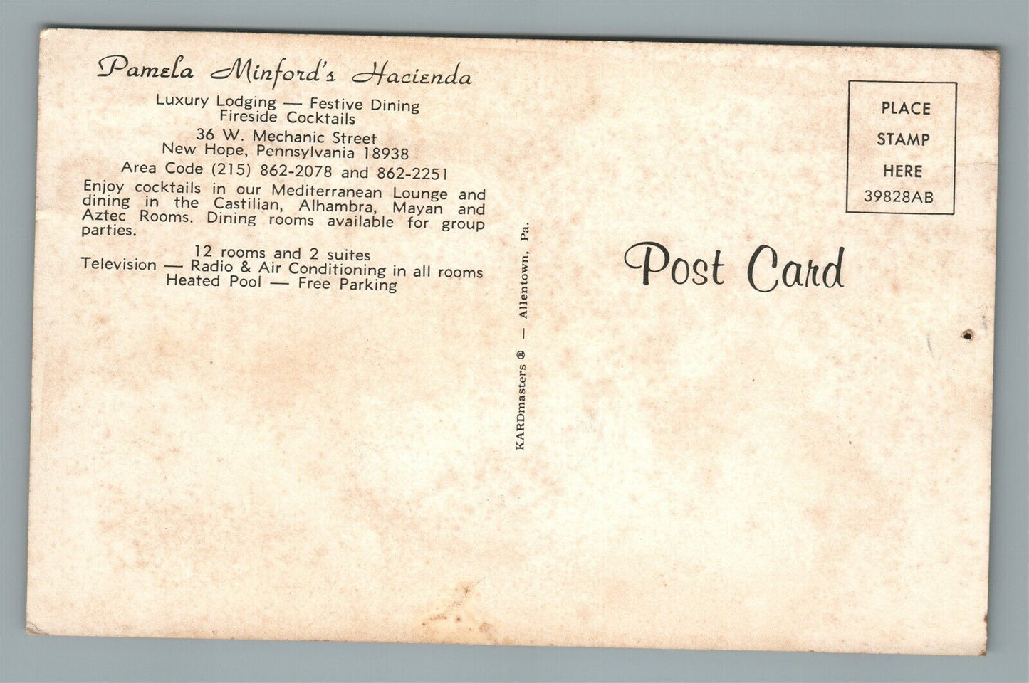 NEW HOPE PA PAMELA MINFORD'S HACIENDA VINTAGE POSTCARD