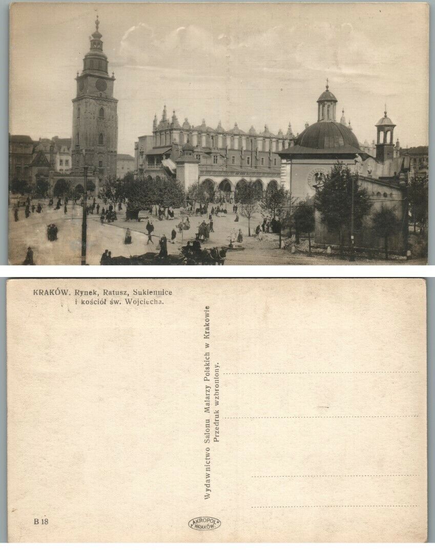 ANTIQUE POLISH REAL PHOTO POSTCARD RYNEK RATUSZ & KOSCIOL KRAKOW POLAND RPPC