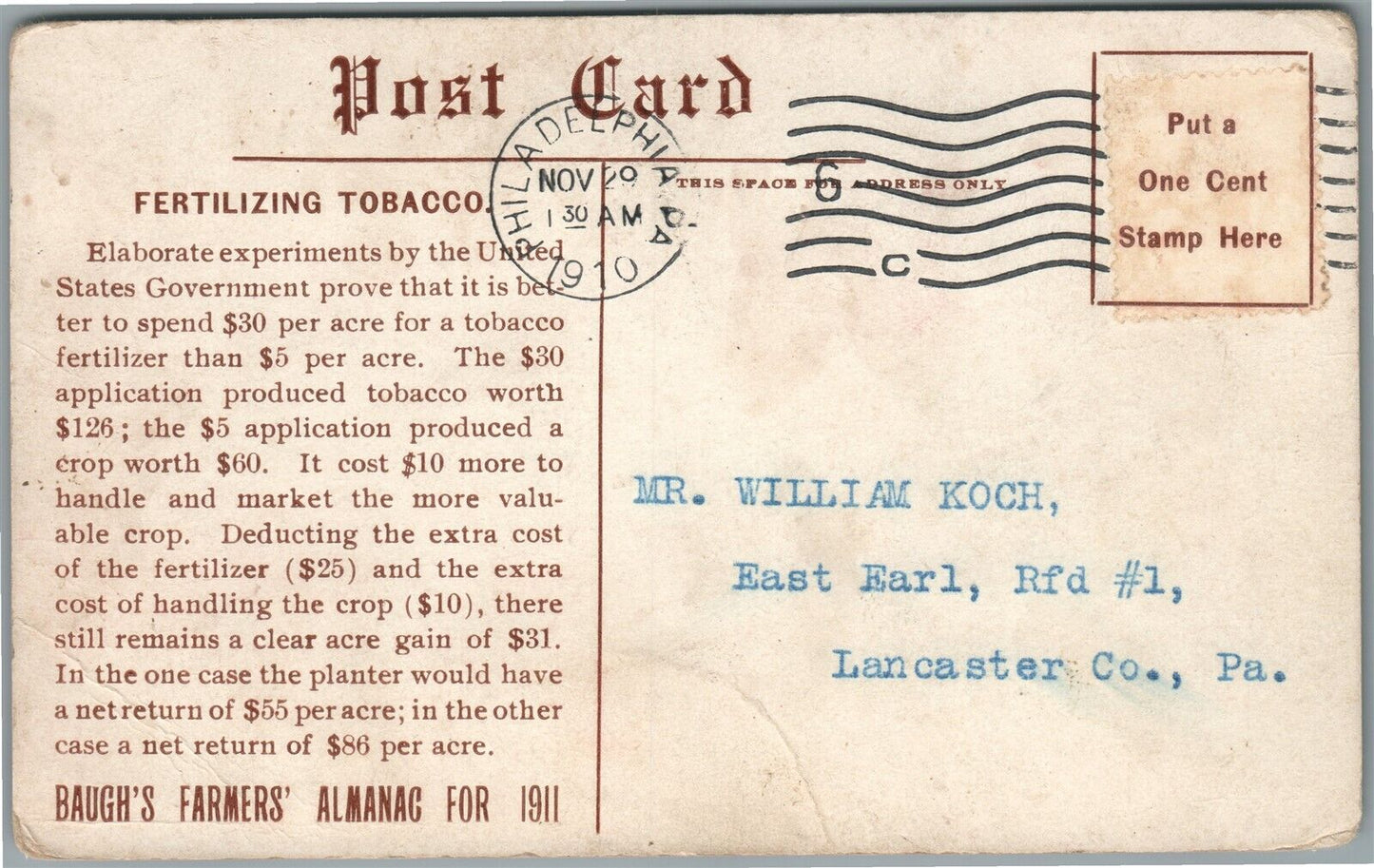 LANCASTER COUNTY PA BAUGH'S WRAPPER LEAF BRAND ANTIQUE POSTCARD