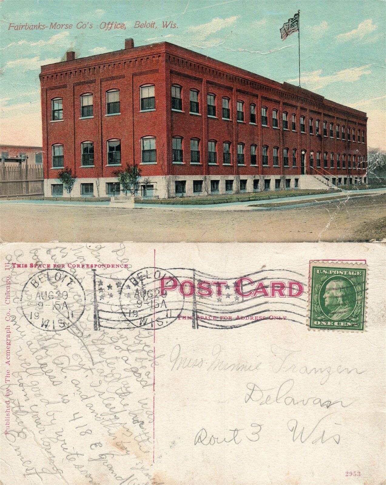 BELOIT WI FAIRBANKS - MORSE CO's OFFICE ANTIQUE 1911 POSTCARD