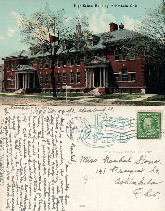 ASHTABULA OH HIGH SCHOOL 1912 ANTIQUE POSTCARD