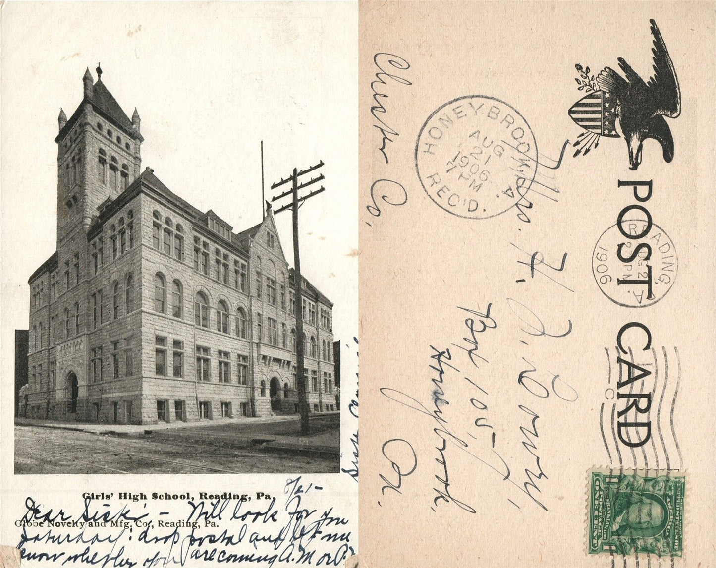 READING PA GIRL'S HIGH SCHOOL 1906 UNDIVIDED ANTIQUE POSTCARD