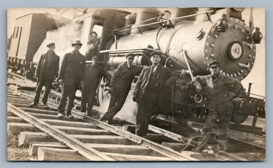 LOCOMOTIVE w/ CREW ANTIQUE REAL PHOTO POSTCARD RPPC railway railroad