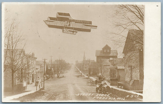 MONTAGE FREDONIA WI STREET AIRPLANE ANTIQUE REAL PHOTO POSTCARD RPPC AVIATION