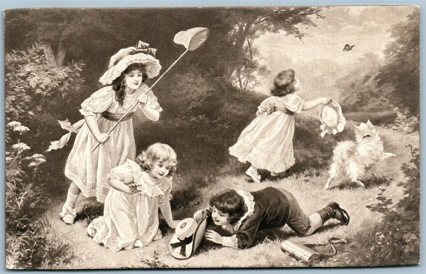 KIDS w/ DOG CATCHING BUTTERFLY ANTIQUE POSTCARD