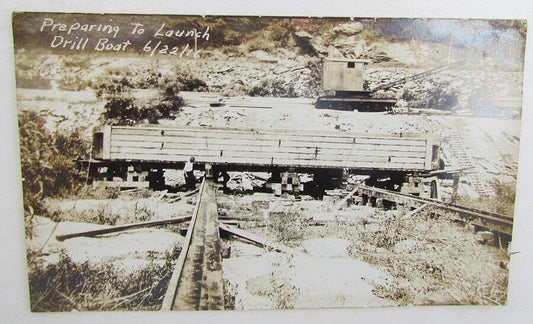 RPPC VINTAGE 1916 PHOTO POSTCARD - PREPARING TO LAUNCH DRILL BOAT