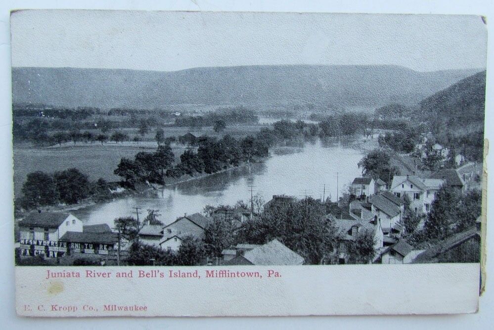 VINTAGE POSTCARD - JUNIATA RIVER & BELL'S ISLAND MIFFLINTOWN PA street scene