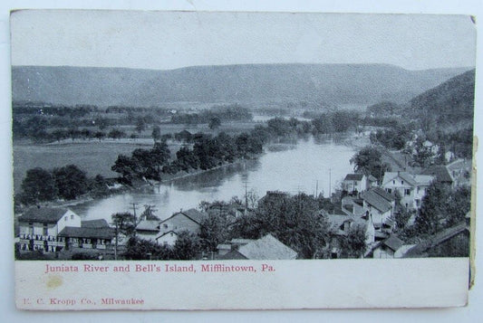 VINTAGE POSTCARD - JUNIATA RIVER & BELL'S ISLAND MIFFLINTOWN PA street scene