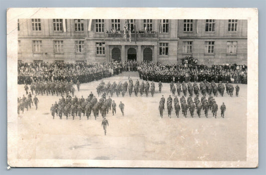 MILITARY PARADE BRITISH AMERICAN RUSSIAN? FLAGS VINTAGE REAL PHOTO POSTCARD RPPC