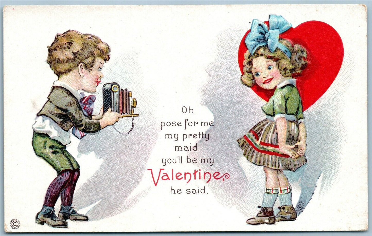 BOY w/ PHOTO CAMERA VALENTINE ANTIQUE POSTCARD