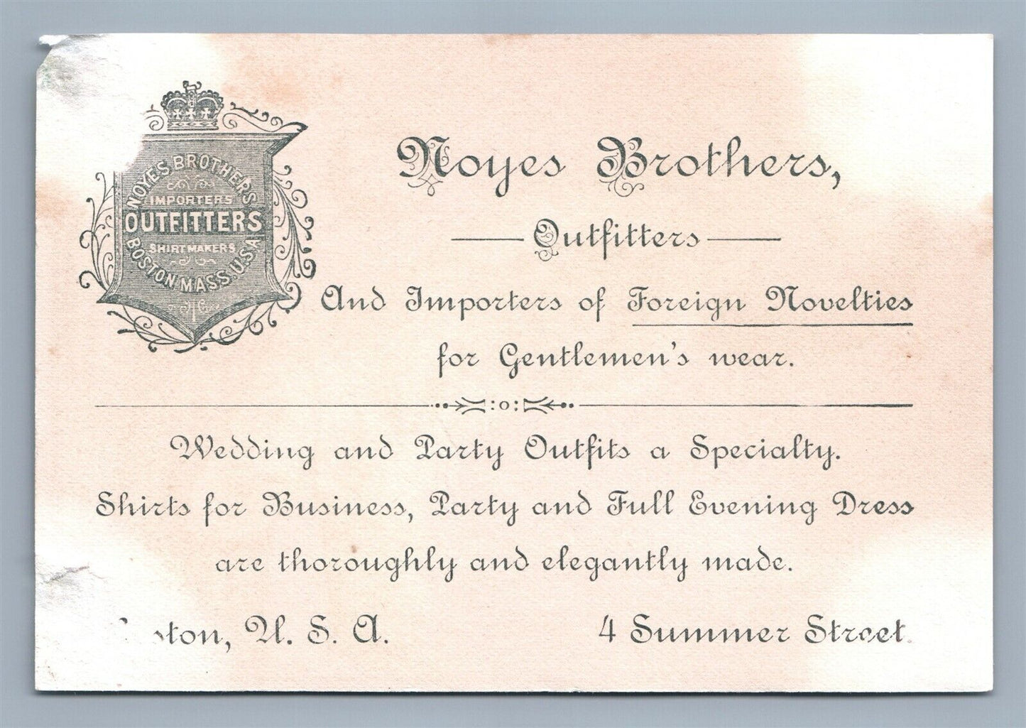 BOSTON NOYES BROTHERS OUT FITTERS VICTORIAN TRADE CARD