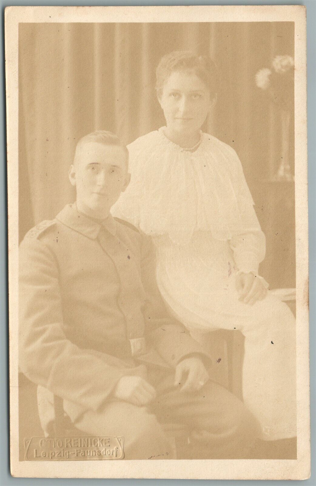 GERMAN SOLDIER w/ WIFE WWI ERA 1916 ANTIQUE REAL PHOTO POSTCARD RPPC