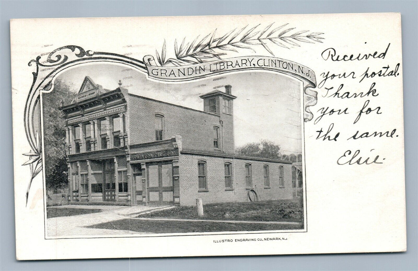 CLINTION NJ GRANDIN LIBRARY ANTIQUE POSTCARD