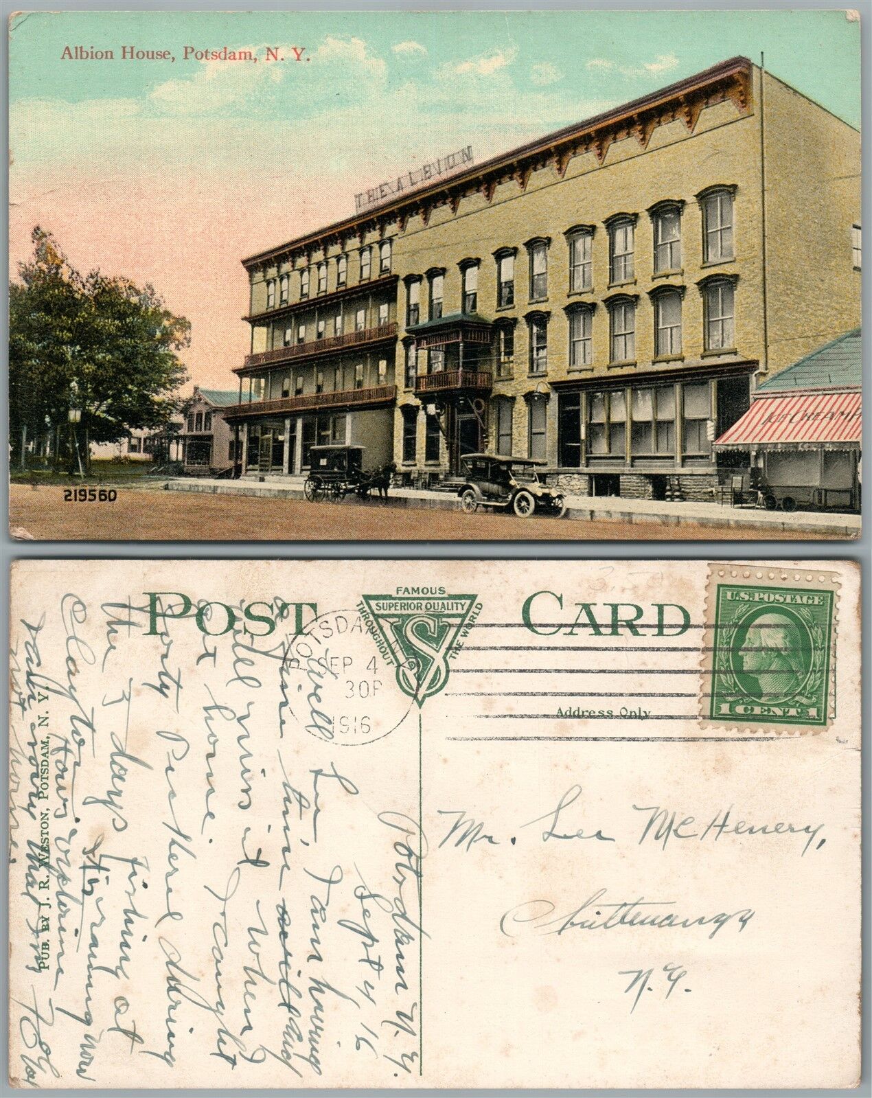 POTSDAM N.Y. ALBION HOUSE HOTEL 1916 ANTIQUE POSTCARD