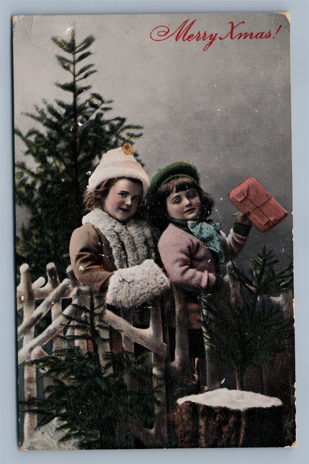 KIDS AT CHRISTMAS TREE 1912 ANTIQUE POSTCARD