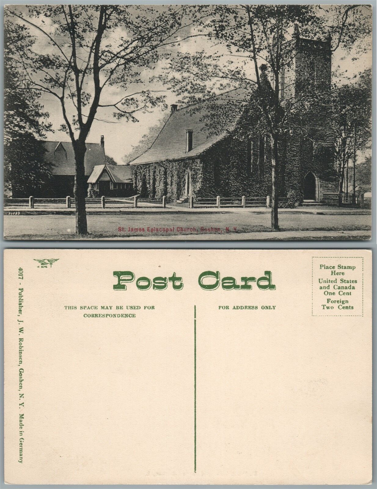 GOSHEN N.Y. ST.JAMES EPISCOPAL CHURCH ANTIQUE POSTCARD