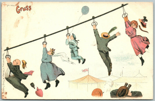 PEOPLE ON THE ROPE ANTIQUE GERMAN POSTCARD