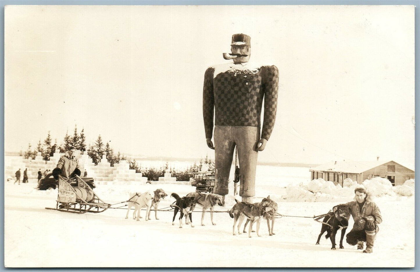 PAUL BUNYAN DOG SLEDDING VINTAGE REAL PHOTO POSTCARD RPPC