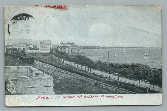 ITALY NETTUNO CON VEDUTA DEL POLIGONO DI ARTIGLIERIA ANTIQUE POSTCARD w/STAMPS