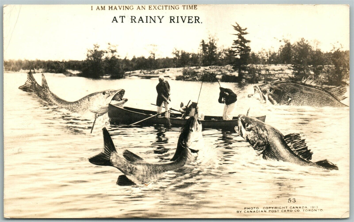 RAINY RIVER  CANADA FISHING EXAGGERATED ANTIQUE REAL PHOTO PC RPPC PHOTOMONTAGE
