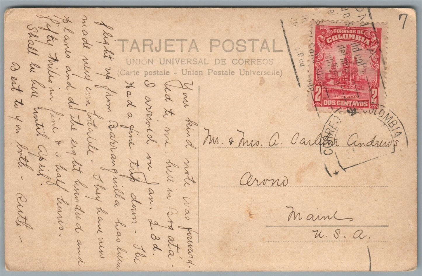 COLOMBIA VINTAGE REAL PHOTO POSTCARD w/ STAMP RPPC