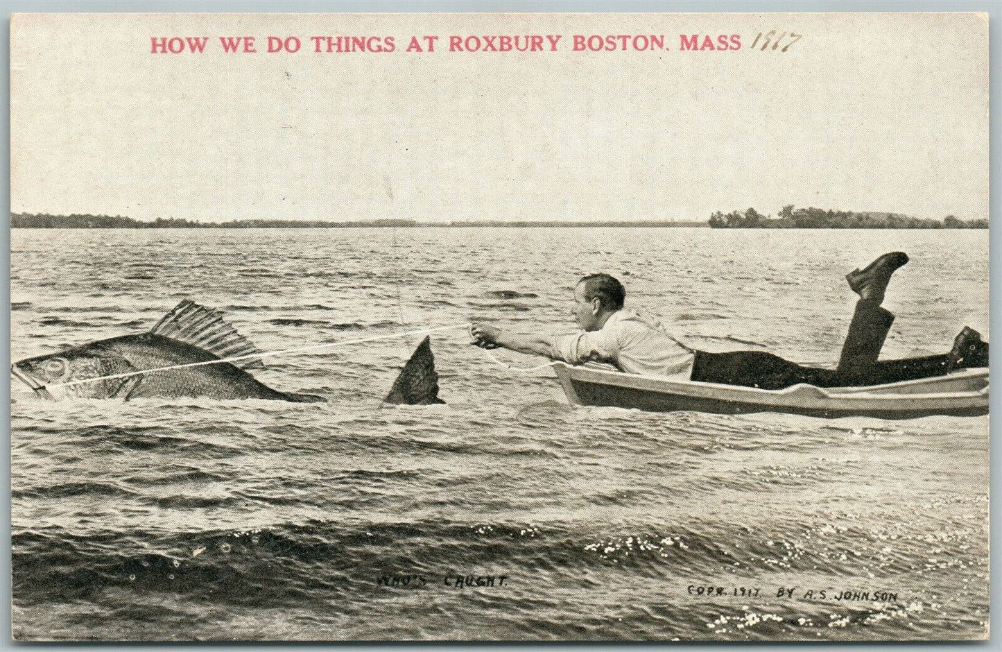 ROXBURY BOSTON MA FISHING EXAGGERATED ANTIQUE POSTCARD