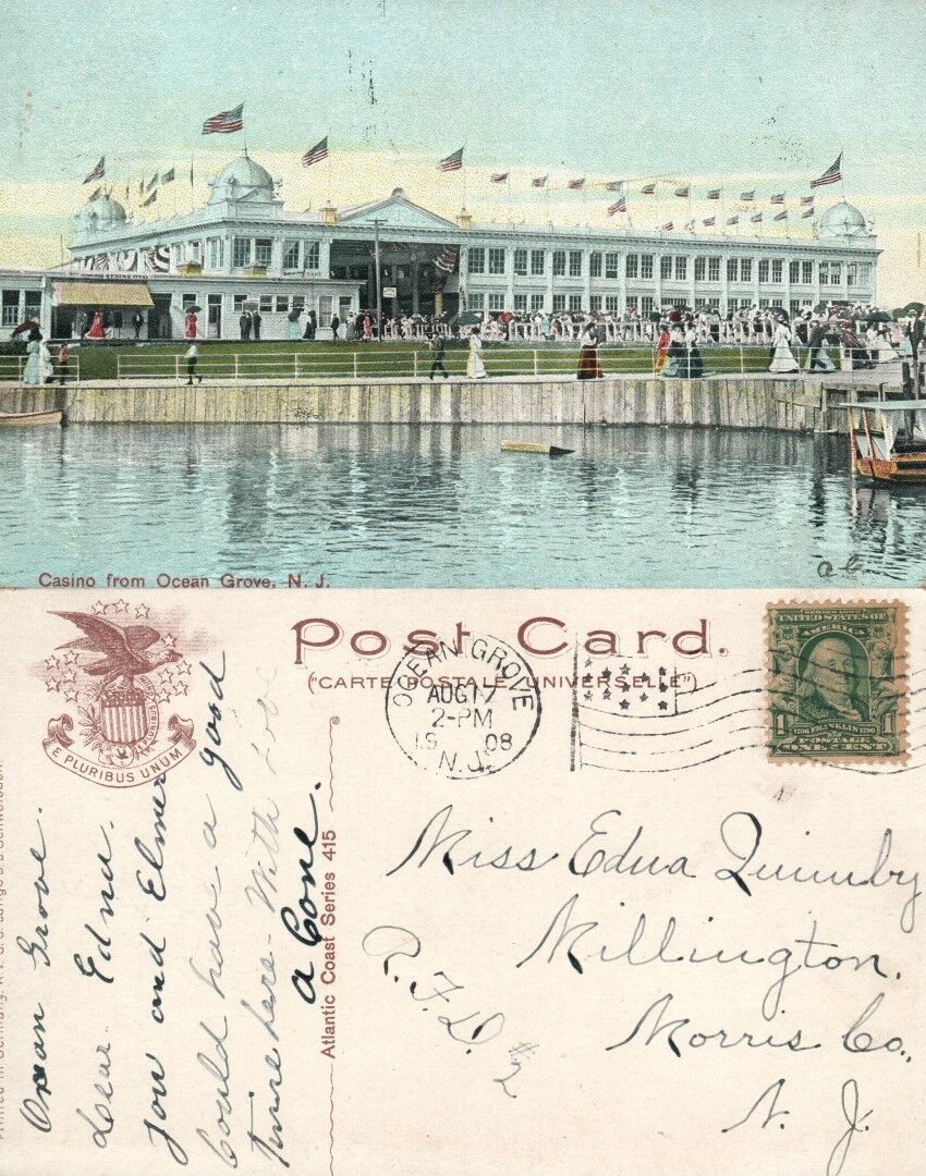 OCEAN GROVE N.J. CASINO 1908 ANTIQUE POSTCARD