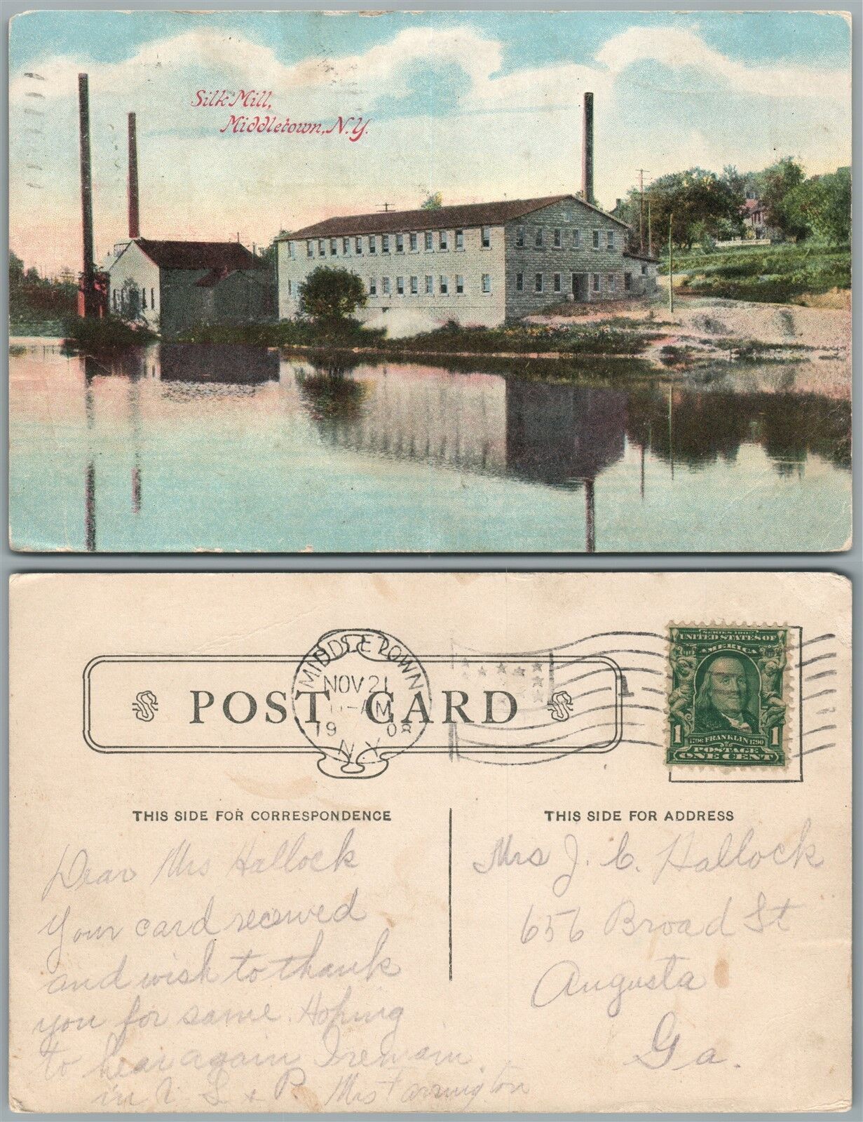 MIDDLETOWN N.Y. SILK MILL 1908 ANTIQUE POSTCARD