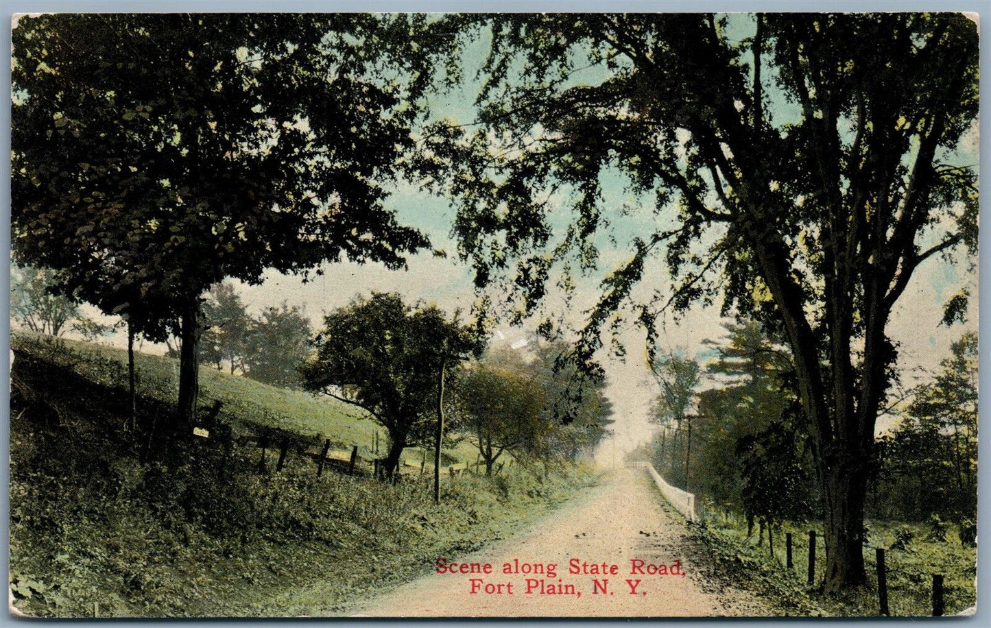 FORT PLAIN NY STATE ROAD 1913 ANTIQUE POSTCARD w/ CORK CANCEL