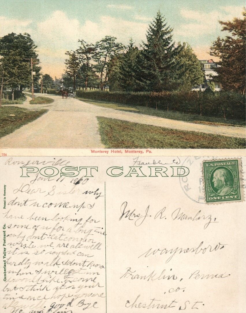 MONTEREY HOTEL PA ANTIQUE POSTCARD